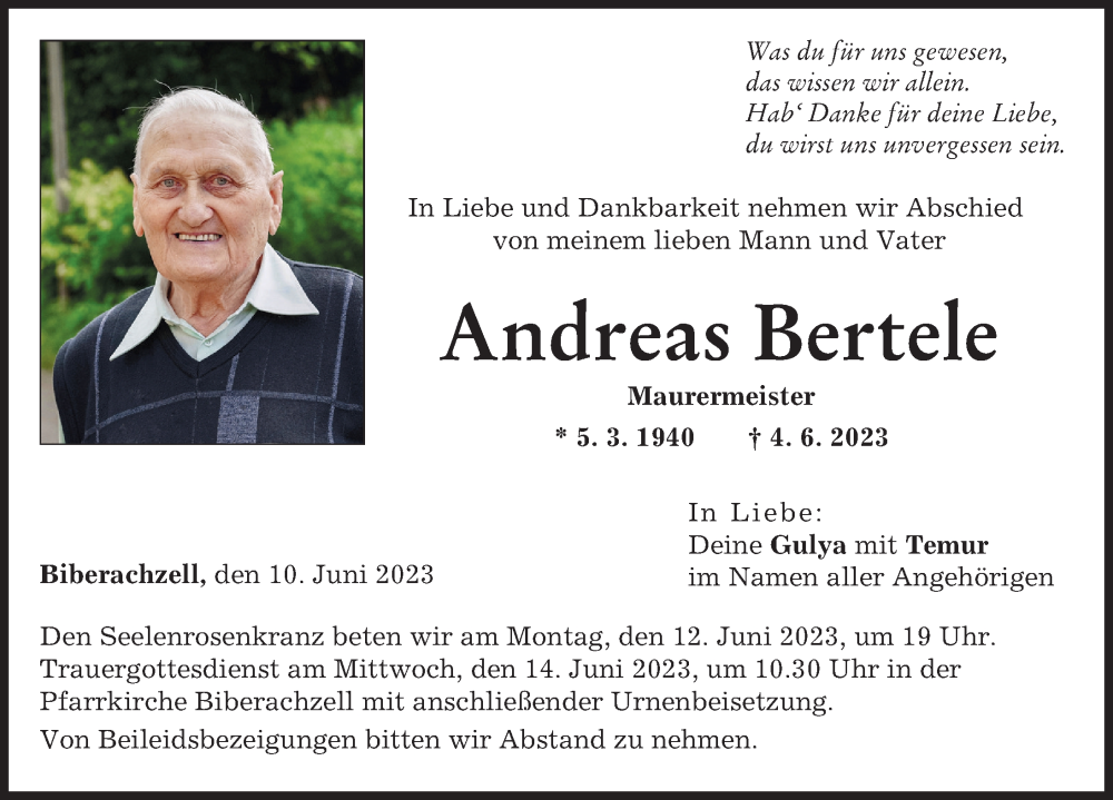 Traueranzeigen Von Andreas Bertele Augsburger Allgemeine Zeitung