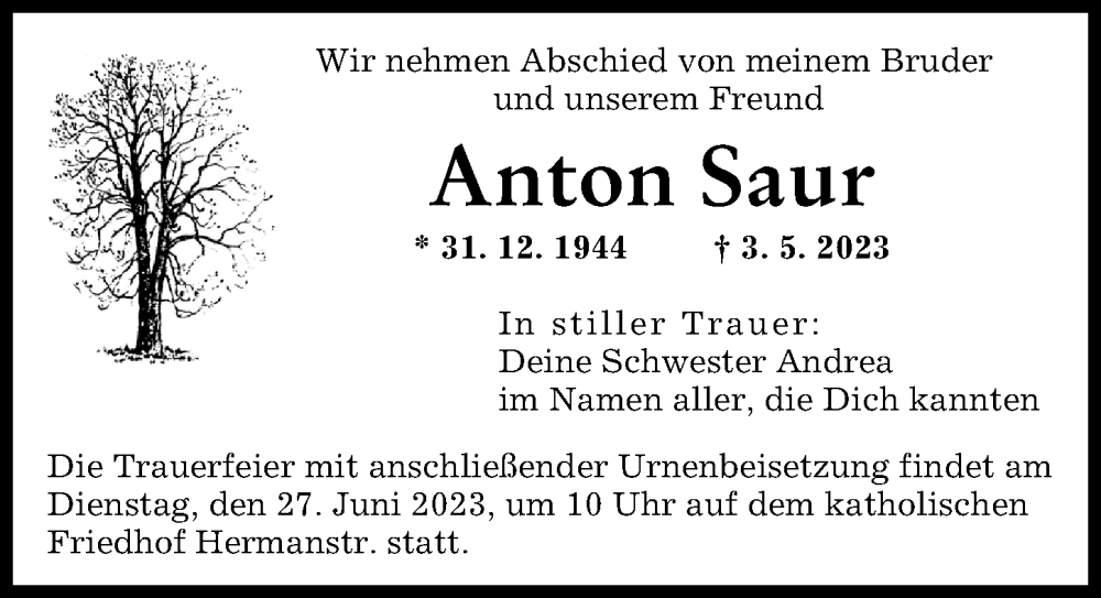 Traueranzeigen Von Anton Saur Augsburger Allgemeine Zeitung