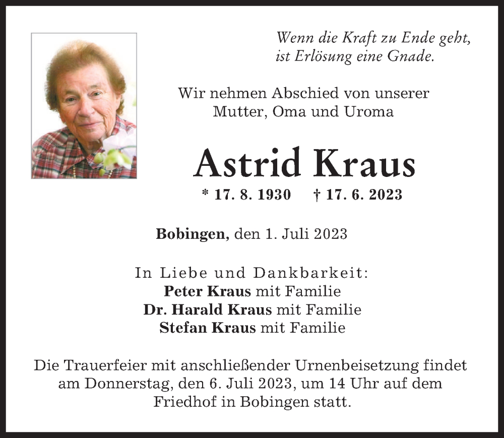 Traueranzeigen Von Astrid Kraus Augsburger Allgemeine Zeitung