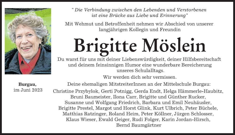 Traueranzeigen von Brigitte Möslein Augsburger Allgemeine Zeitung