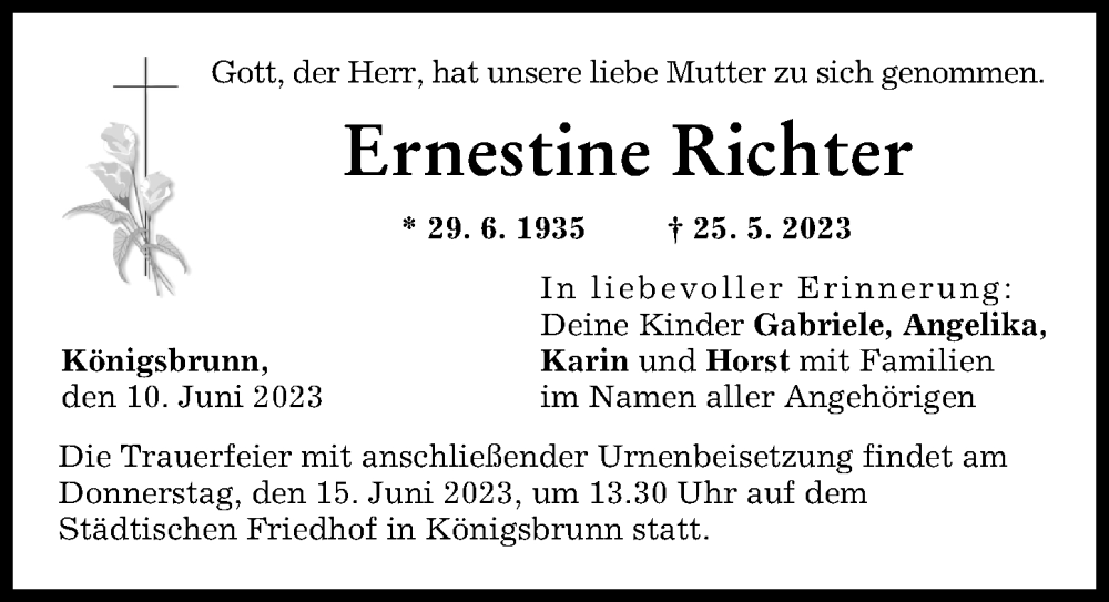 Traueranzeigen Von Ernestine Richter Augsburger Allgemeine Zeitung