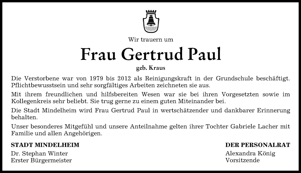 Traueranzeigen Von Gertrud Paul Augsburger Allgemeine Zeitung