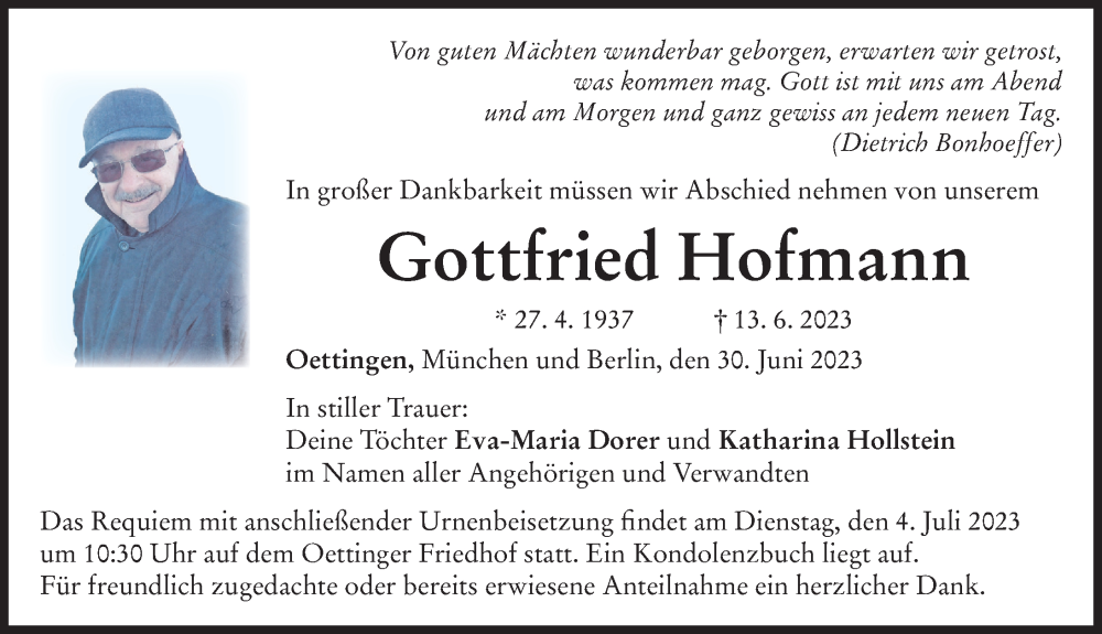 Traueranzeigen Von Gottfried Hofmann Augsburger Allgemeine Zeitung