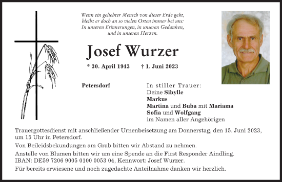 Traueranzeigen Von Josef Wurzer Augsburger Allgemeine Zeitung