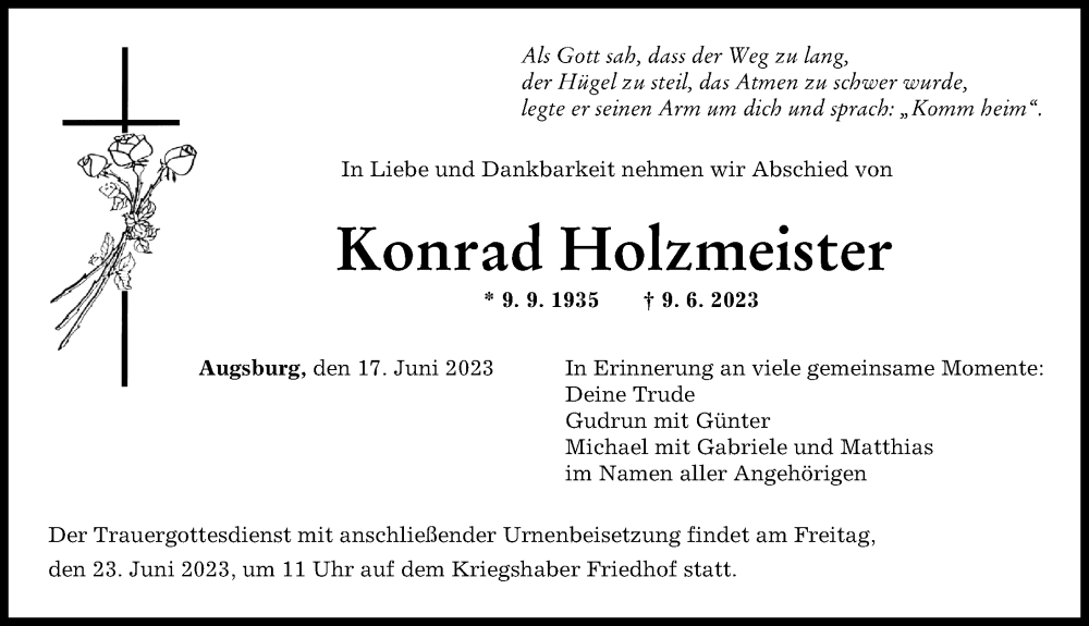 Traueranzeigen Von Konrad Holzmeister Augsburger Allgemeine Zeitung