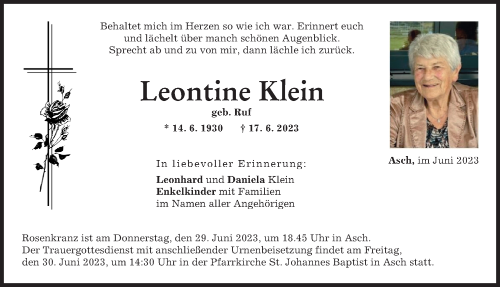 Traueranzeigen Von Leontine Klein Augsburger Allgemeine Zeitung