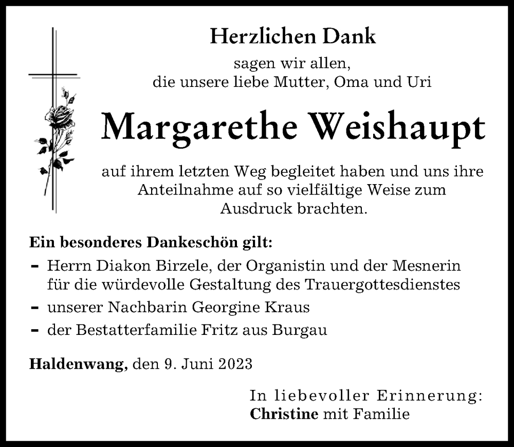 Traueranzeigen Von Margarethe Weishaupt Augsburger Allgemeine Zeitung