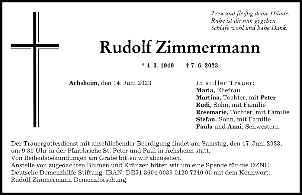 Traueranzeigen Von Rudolf Zimmermann Augsburger Allgemeine Zeitung