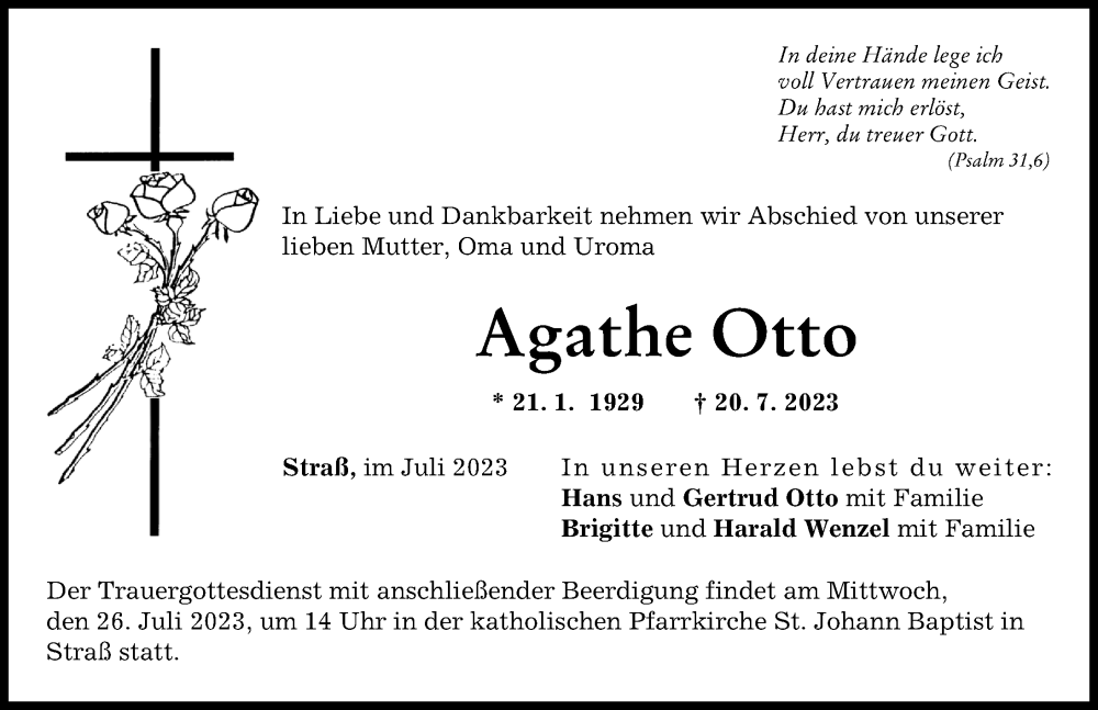 Traueranzeigen Von Agathe Otto Augsburger Allgemeine Zeitung