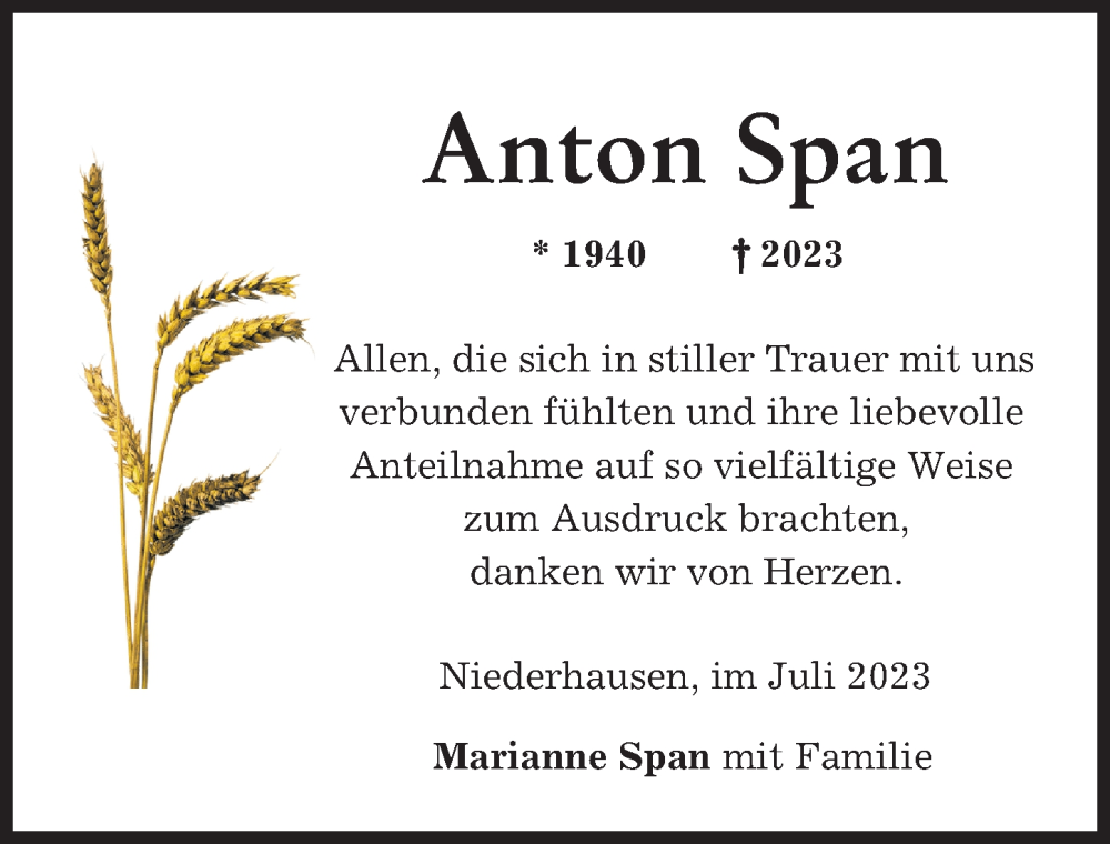 Traueranzeigen Von Anton Span Augsburger Allgemeine Zeitung