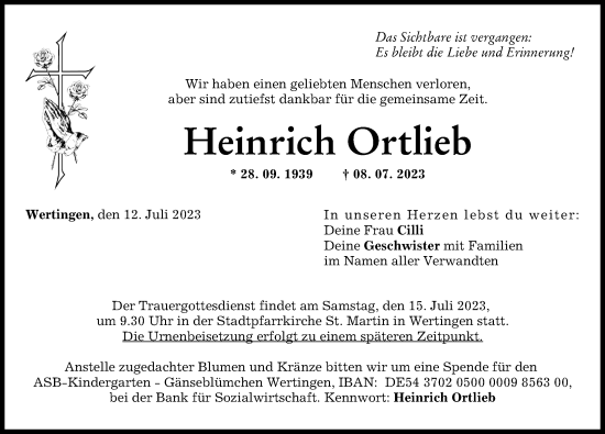 Traueranzeigen Von Heinrich Ortlieb Augsburger Allgemeine Zeitung