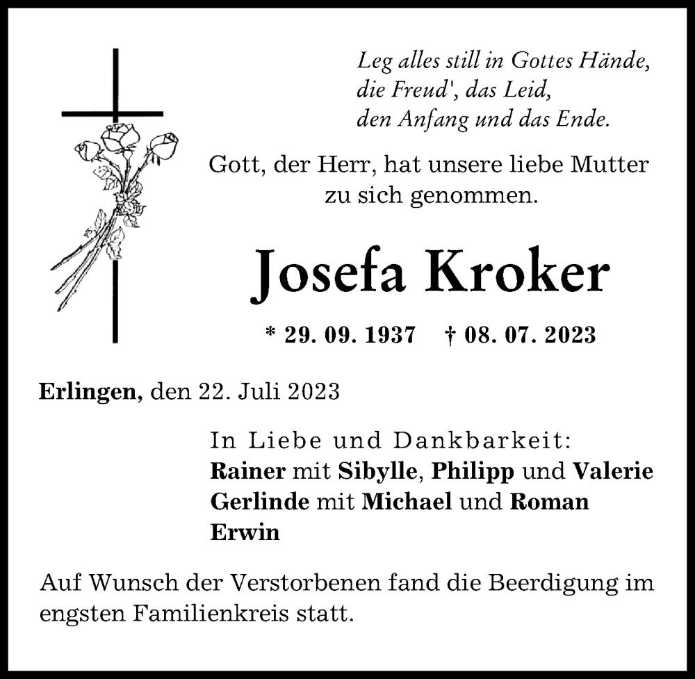 Traueranzeigen Von Josefa Kroker Augsburger Allgemeine Zeitung