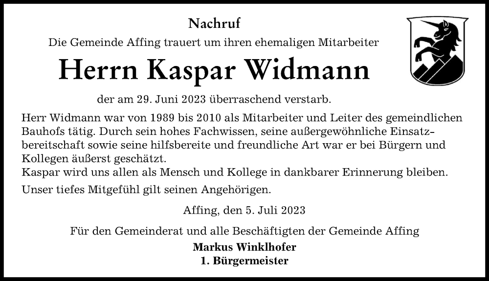 Traueranzeigen Von Kaspar Widmann Augsburger Allgemeine Zeitung