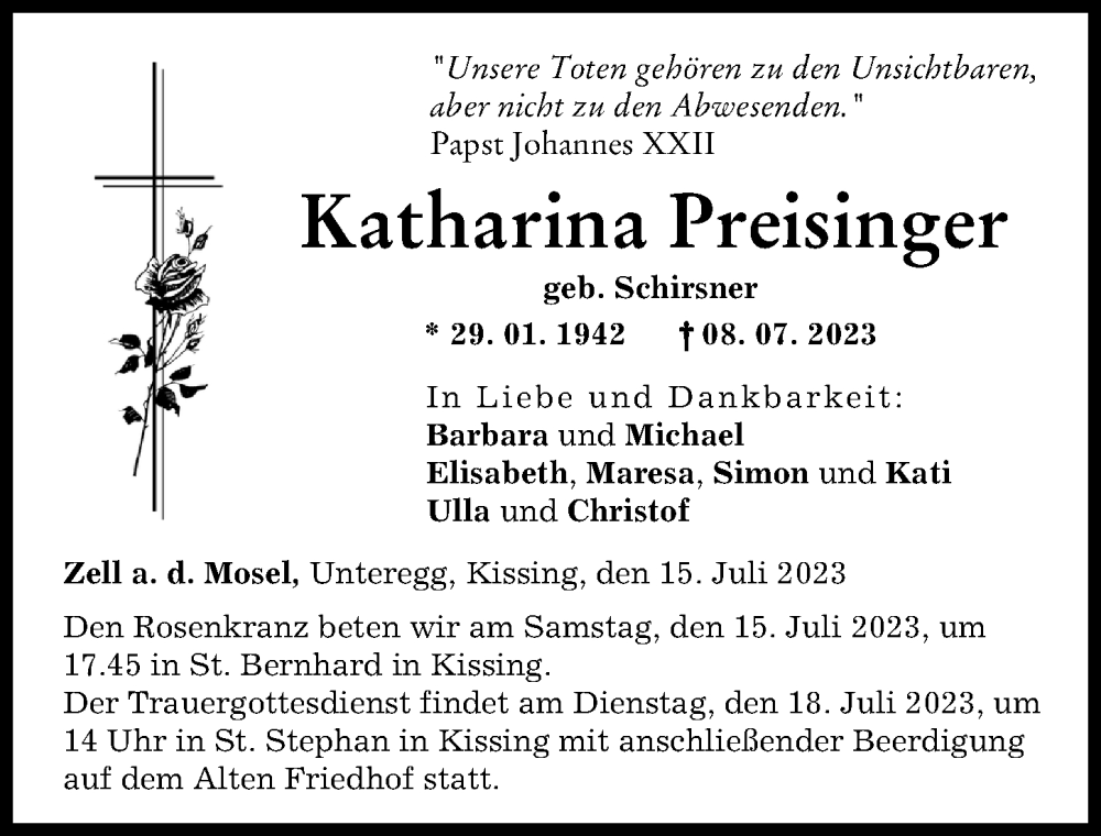 Traueranzeigen Von Katharina Preisinger Augsburger Allgemeine Zeitung