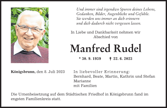 Traueranzeigen Von Manfred Rudel Augsburger Allgemeine Zeitung