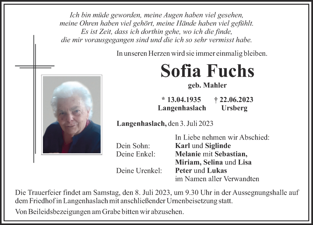 Traueranzeigen Von Sofia Fuchs Augsburger Allgemeine Zeitung