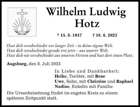 Traueranzeigen Von Wilhelm Ludwig Hotz Augsburger Allgemeine Zeitung