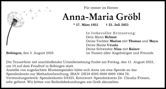 Traueranzeigen Von Anna Maria Gr Bl Augsburger Allgemeine Zeitung