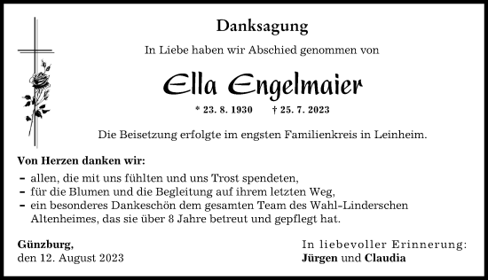 Traueranzeigen Von Ella Engelmaier Augsburger Allgemeine Zeitung