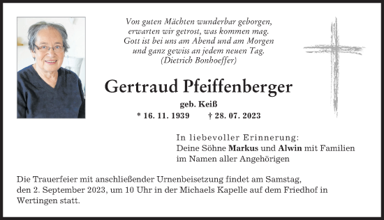 Traueranzeigen Von Gertraud Pfeiffenberger Augsburger Allgemeine Zeitung