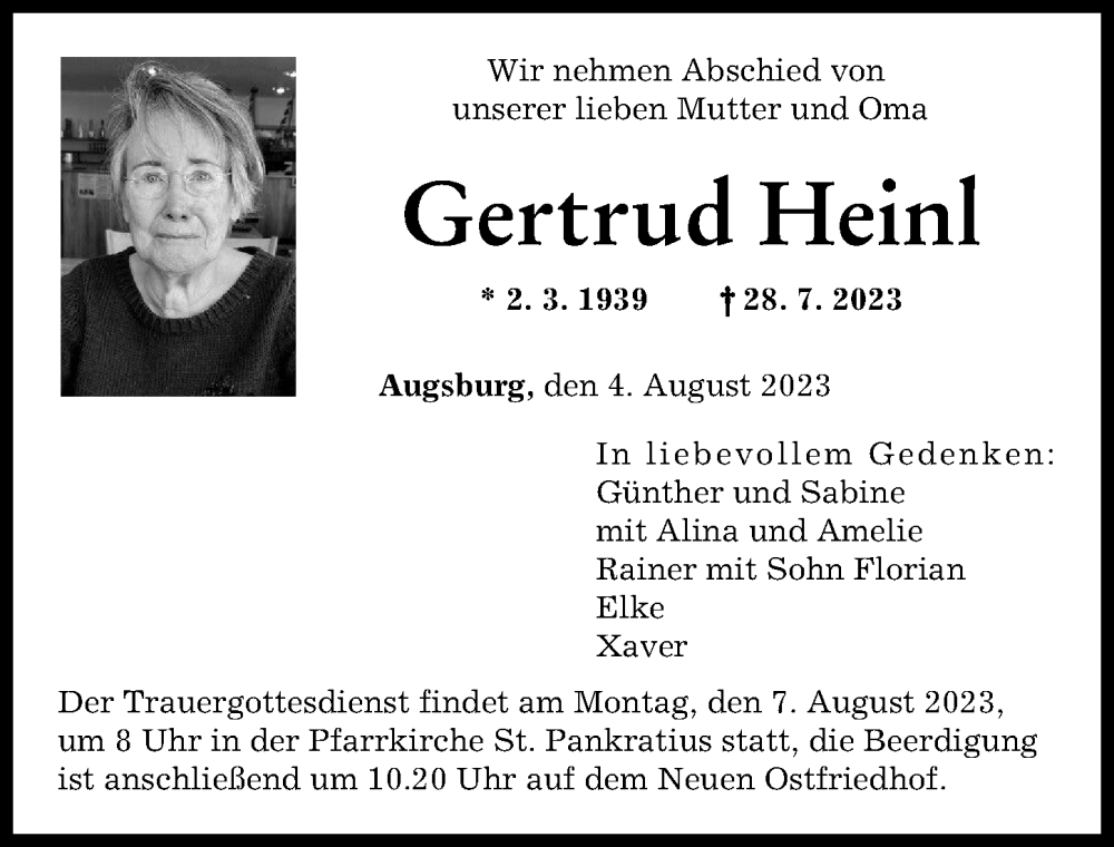 Traueranzeigen Von Gertrud Heinl Augsburger Allgemeine Zeitung