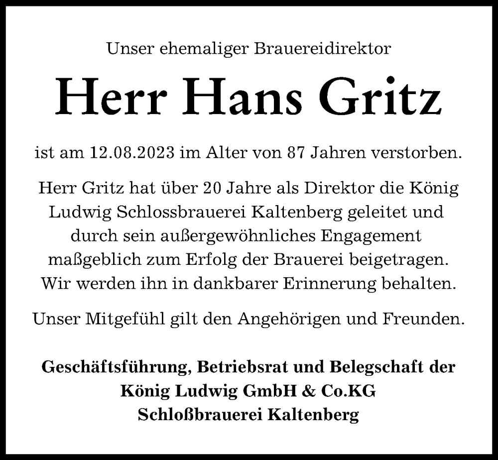 Traueranzeigen Von Hans Gritz Augsburger Allgemeine Zeitung