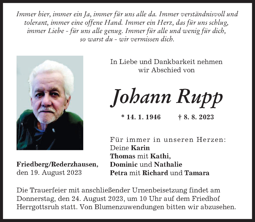 Traueranzeigen Von Johann Rupp Augsburger Allgemeine Zeitung