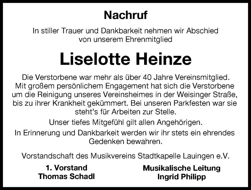 Traueranzeigen Von Liselotte Heinze Augsburger Allgemeine Zeitung