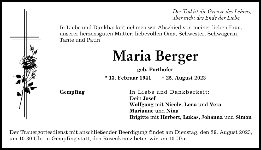 Traueranzeigen Von Maria Berger Augsburger Allgemeine Zeitung