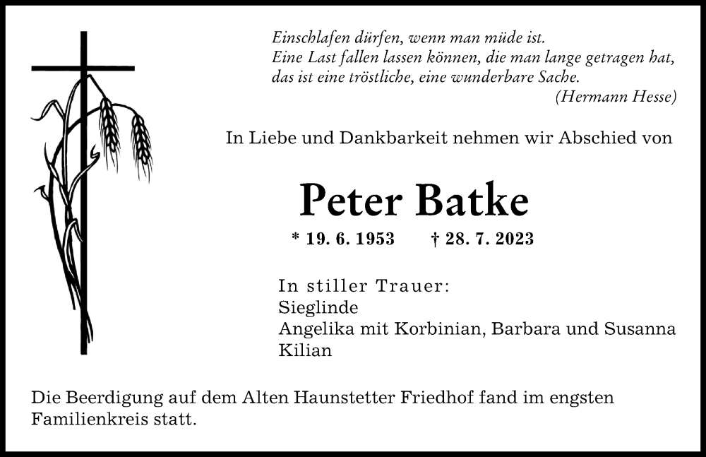 Traueranzeigen Von Peter Batke Augsburger Allgemeine Zeitung