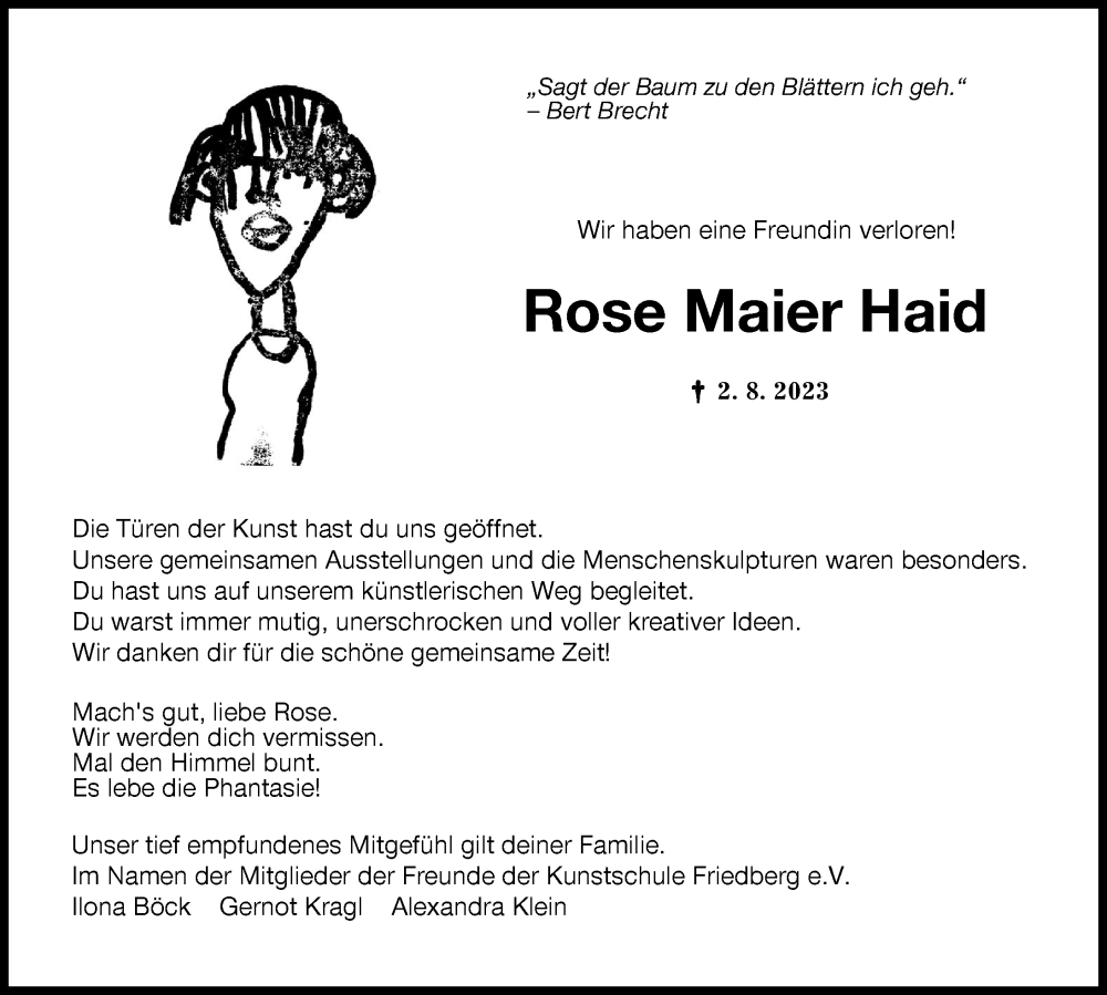 Traueranzeigen Von Rose Maier Haid Augsburger Allgemeine Zeitung