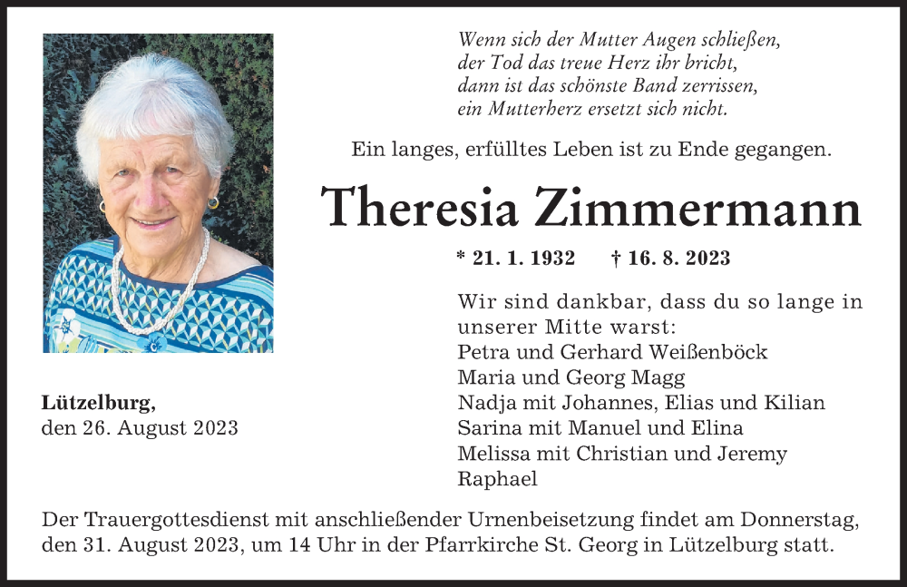 Traueranzeigen Von Theresia Zimmermann Augsburger Allgemeine Zeitung