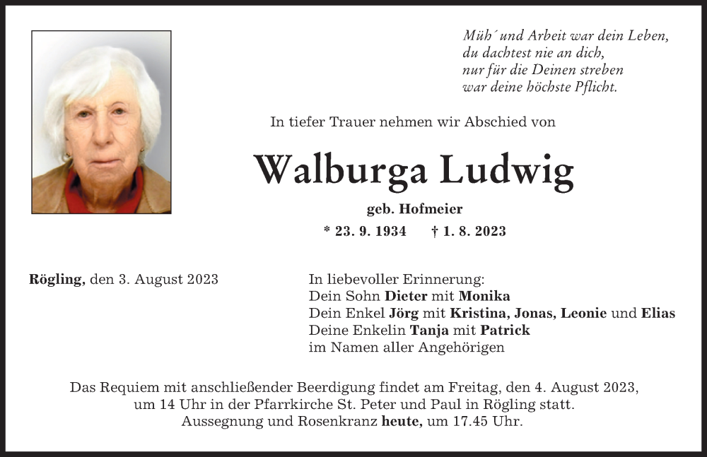 Traueranzeigen Von Walburga Ludwig Augsburger Allgemeine Zeitung