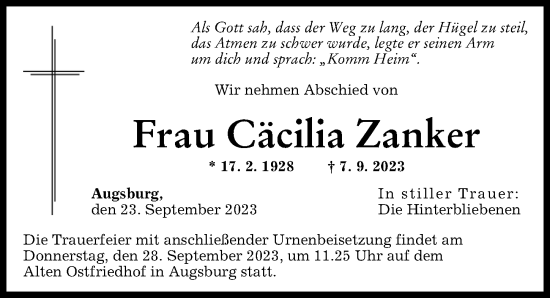 Traueranzeigen von Cäcilia Zanker Augsburger Allgemeine Zeitung