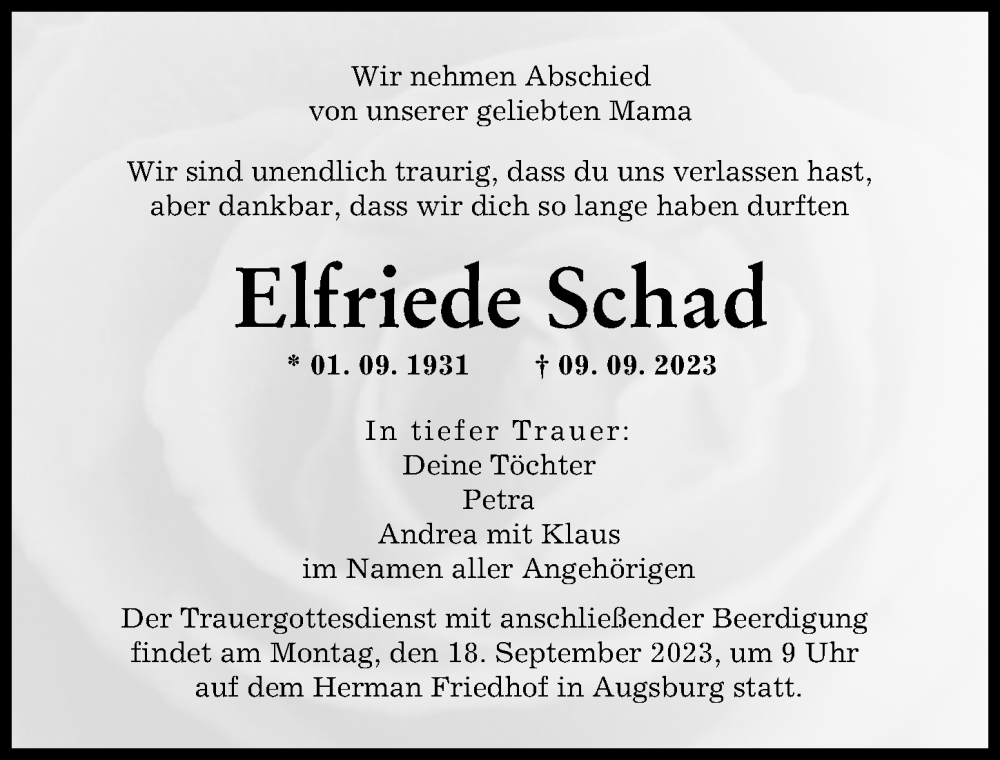 Traueranzeigen Von Elfriede Schad Augsburger Allgemeine Zeitung