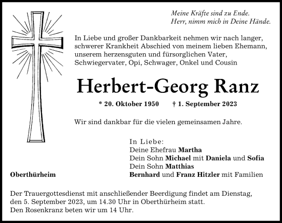 Traueranzeigen Von Herbert Georg Ranz Augsburger Allgemeine Zeitung