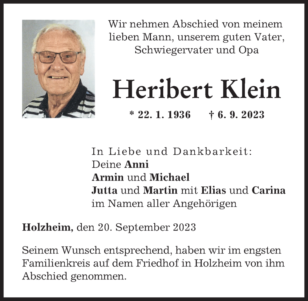 Traueranzeigen Von Heribert Klein Augsburger Allgemeine Zeitung