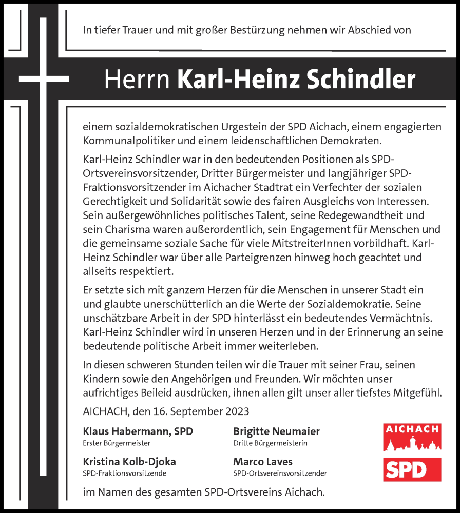 Traueranzeigen Von Karl Heinz Schindler Augsburger Allgemeine Zeitung