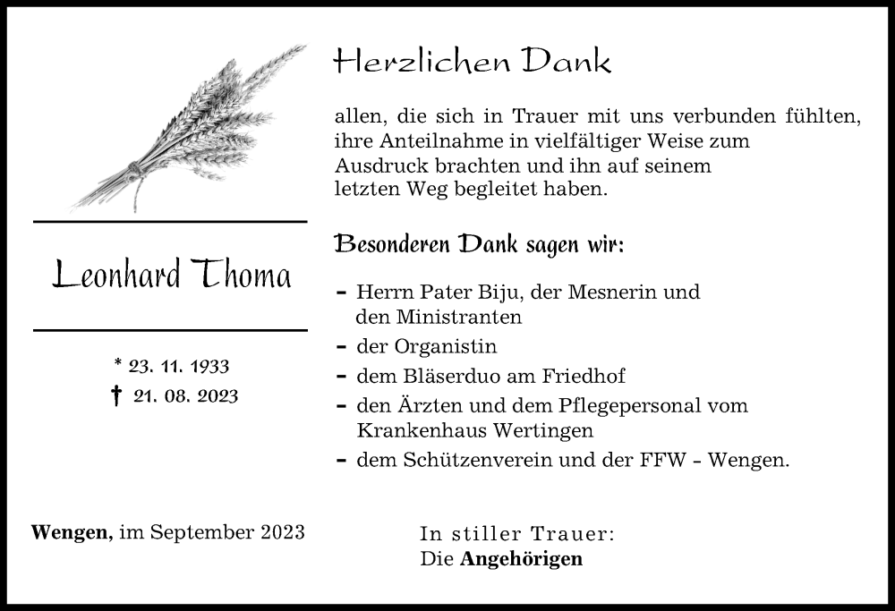 Traueranzeigen Von Leonhard Thoma Augsburger Allgemeine Zeitung