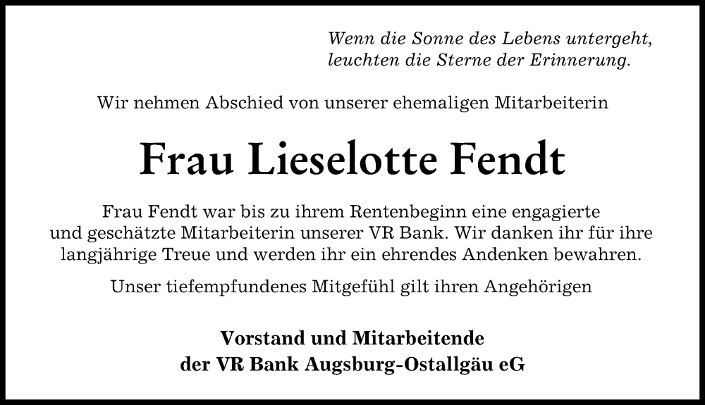 Traueranzeigen Von Lieselotte Fendt Augsburger Allgemeine Zeitung