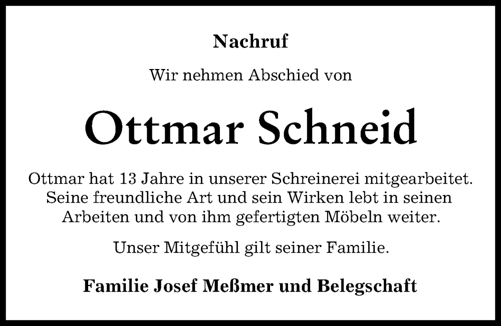 Traueranzeigen Von Ottmar Schneid Augsburger Allgemeine Zeitung