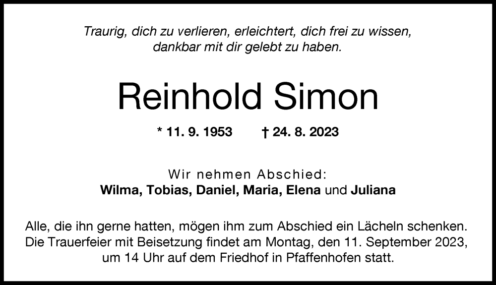 Traueranzeigen Von Reinhold Simon Augsburger Allgemeine Zeitung