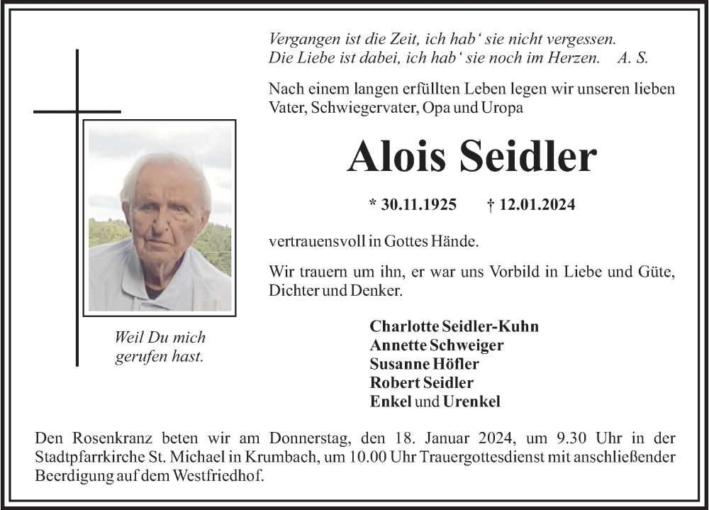 Traueranzeigen Von Alois Seidler Augsburger Allgemeine Zeitung