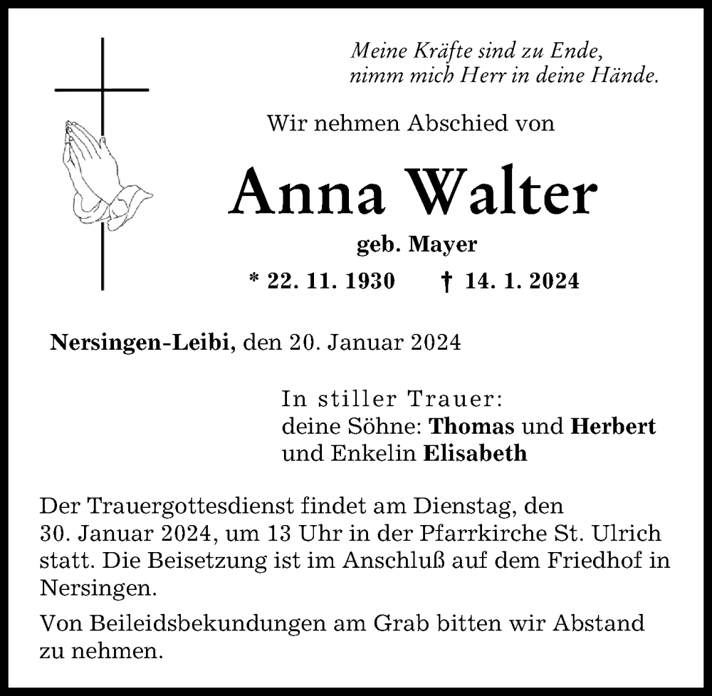 Traueranzeigen Von Anna Walter Augsburger Allgemeine Zeitung