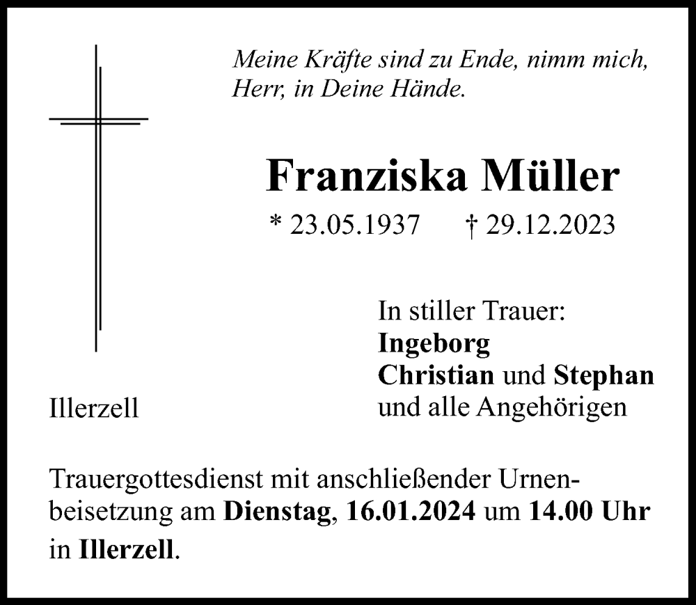 Traueranzeigen von Franziska Müller Augsburger Allgemeine Zeitung