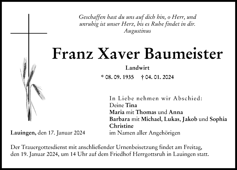 Traueranzeigen Von Franz Xaver Baumeister Augsburger Allgemeine Zeitung