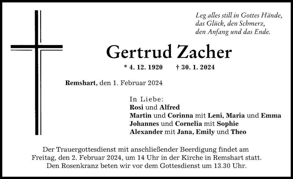 Traueranzeigen Von Gertrud Zacher Augsburger Allgemeine Zeitung