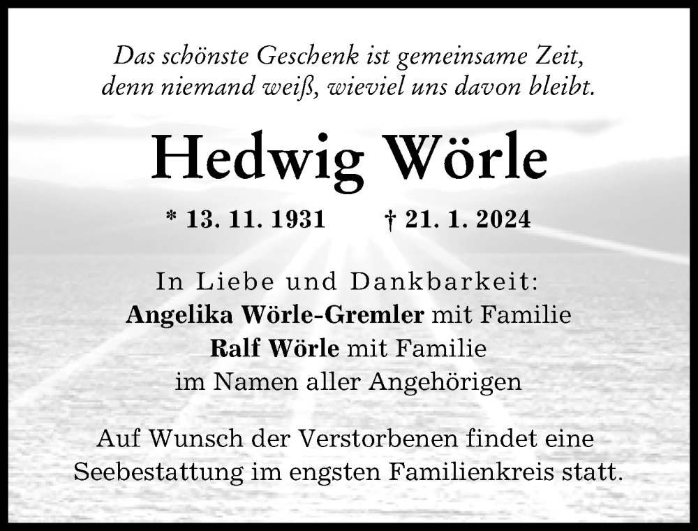 Traueranzeigen Von Hedwig W Rle Augsburger Allgemeine Zeitung