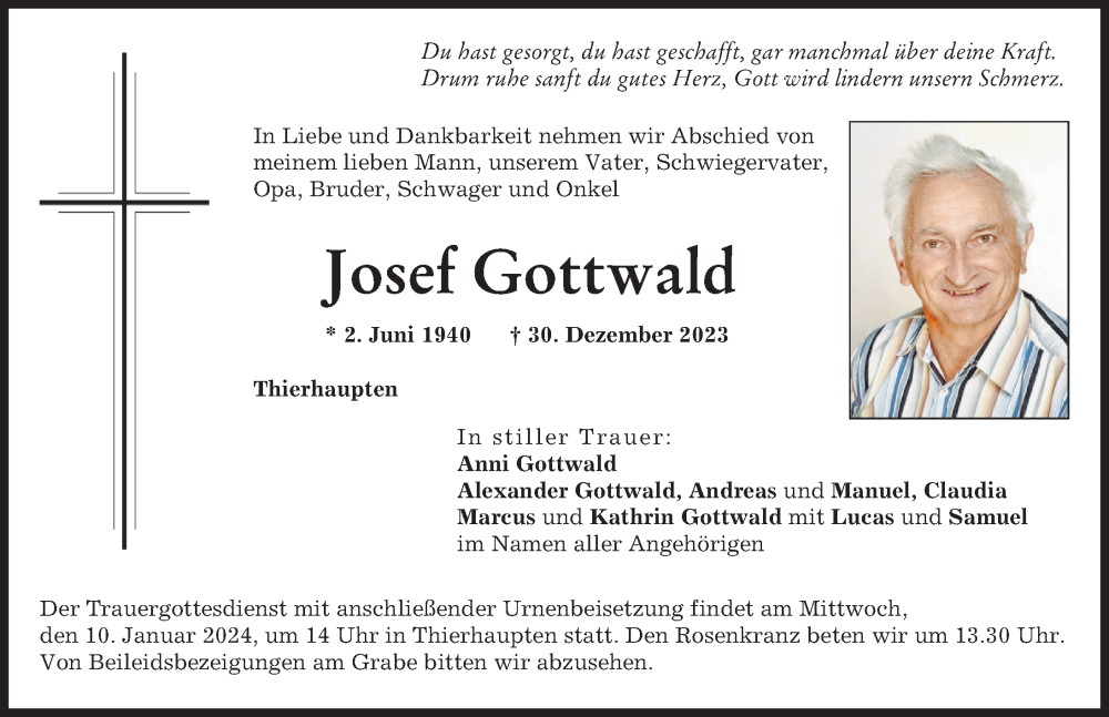 Traueranzeigen Von Josef Gottwald Augsburger Allgemeine Zeitung