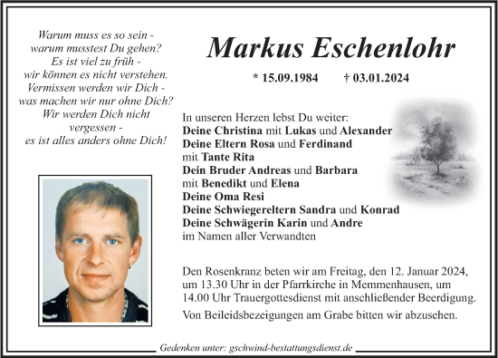 Traueranzeigen Von Markus Eschenlohr Augsburger Allgemeine Zeitung